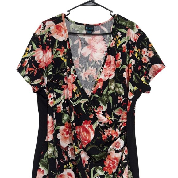 Rue+ Womens Floral Wrap Style Dress 4X Short Sleeve Black & Multicolor Stretch - Picture 2 of 8